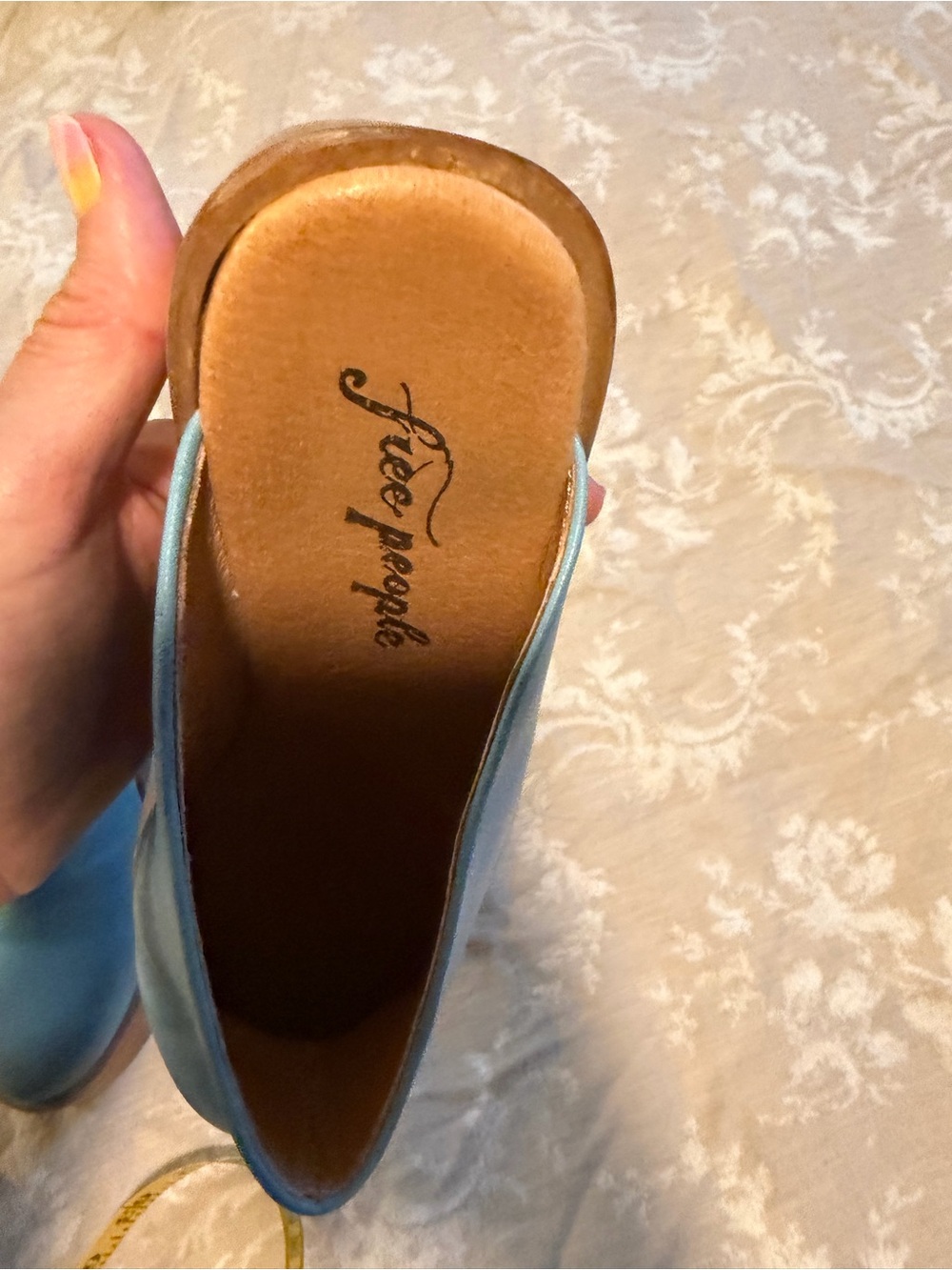 Free People Sky Blue Leather Slide Clogs with Wooden Block Heel, Size 39 - Picture 8 of 11
